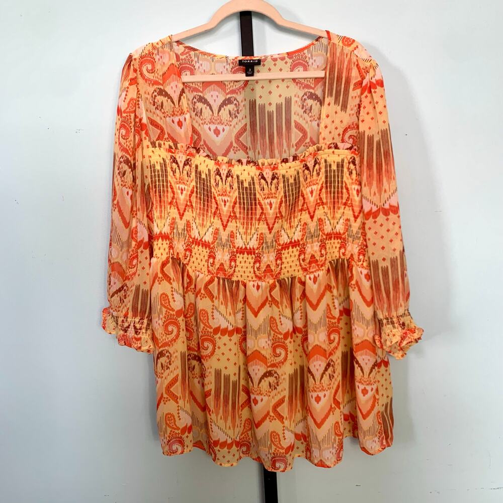 Torrid Yellow and Orange Smocked Babydoll Top Size 3 (3X) - Picture 4 of 8